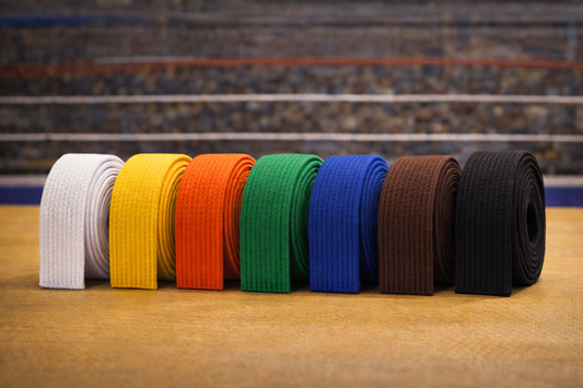Set completo di cinture da judo disposte in ordine di grado dal bianco al nero su tatami