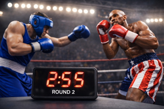 Round di un incontro di boxe con cronometro digitale e due pugili, uno dilettante e uno professionista, sul ring.