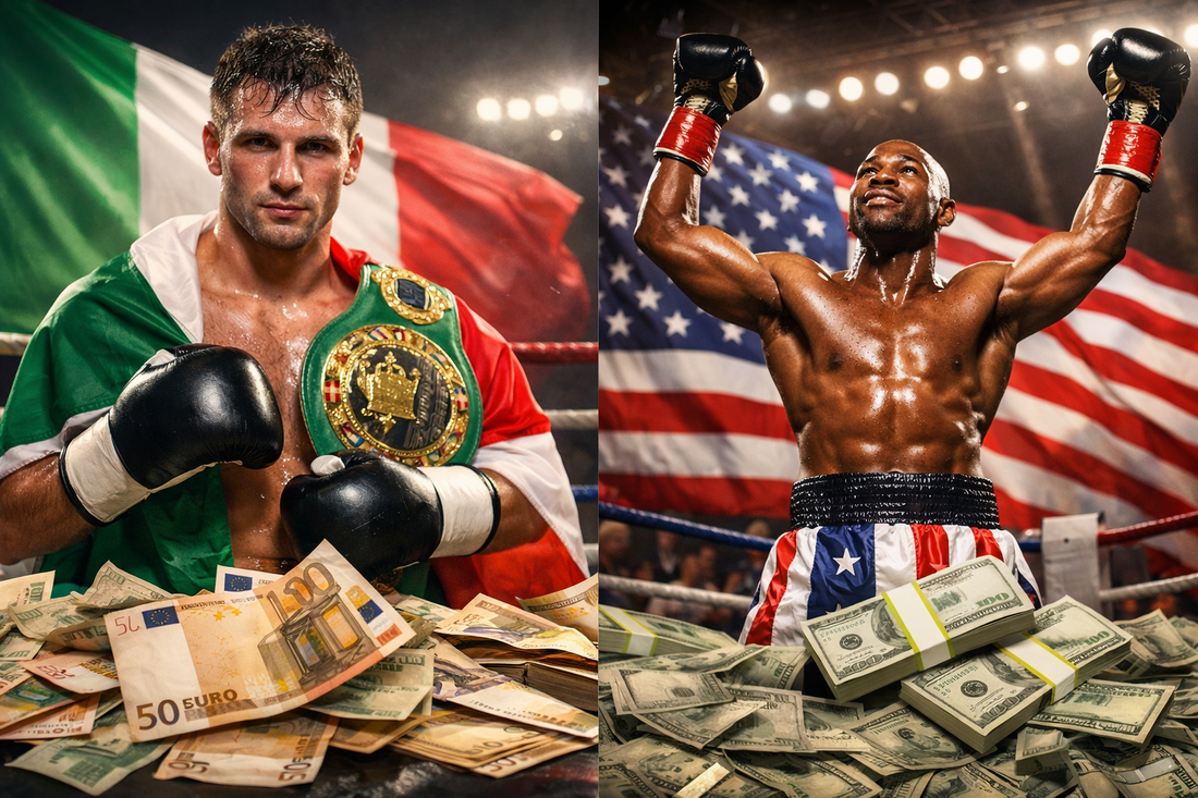 Boxer italiano e americano con bandiere nazionali e denaro, confronto dei guadagni nel pugilato professionistico